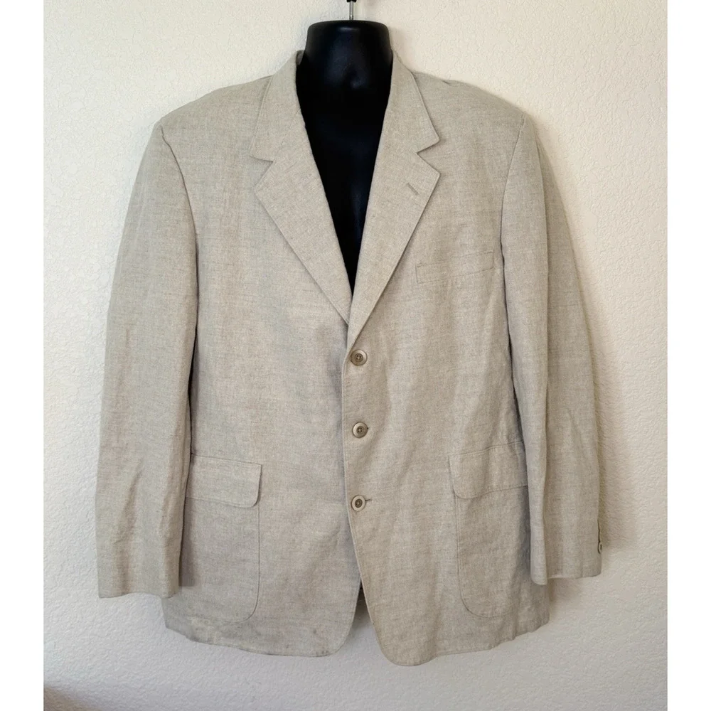 J Peterman Linen Sport Coat 46R Beige Unstructured Vintage USA Old Money